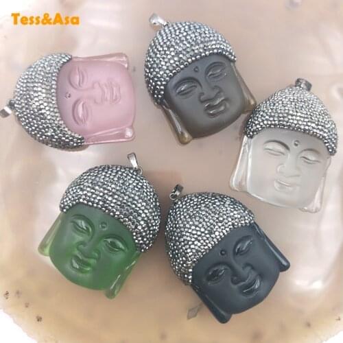 5Pcs Carved Buddha Pendants Amulet Crystal Necklace Pave Rhinestone Stone Glass Beads Jewelry Findings For Mens Necklace 40x50mm