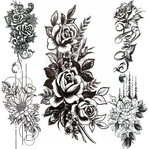 Black Peony Rose Flower Temporary Tattoo For Women Girls Large Daisy Flora Fake Tattoos Sticker Sketch Realistic Tatoo Art Waist