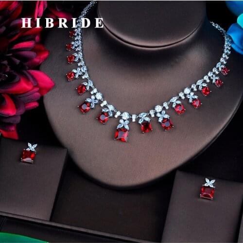 HIBRIDE Sparkling Red Cubic Zirconia Jewelry Sets For Women Earring Necklace Set Wedding Dress Accessories Party Gifts N-484
