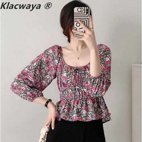 Klacwaya Woman 2021 Summer New Lantern Sleeve Floral Fluffy Three-Quarter Sleeve Shirt Ruffles Lady Shirts Tops