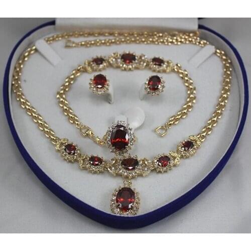 2 choices wholesale red crystal 10*14mm ring(#7.8.9) 18" chain pendant necklace stud earrings &bracelet jewelry set002