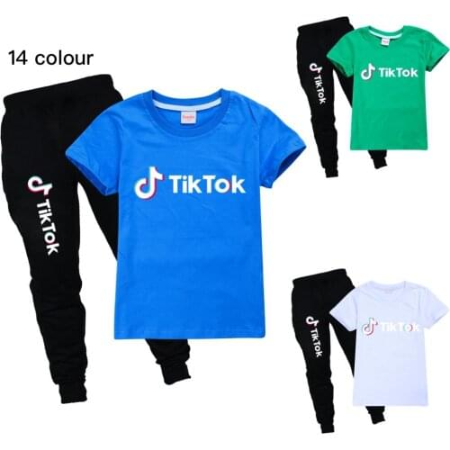 TIK TOK Summer Girls Clothing Set Cartoon Boys Children Short Sleeve T-shirt and Pants 2 pcs Kids Clothes Sport Suits