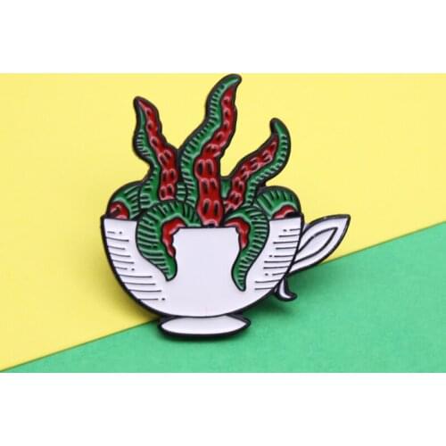 Creative coffee cup Enamel Brooch Red and green water grass Plant Lapel Pin Backpack jackets custom badge friends gifts brooches