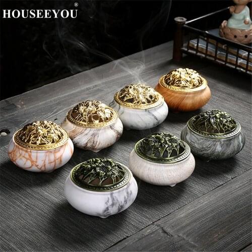 Marble Coil Censer Incense Burners Copper Cover Ceramic Stick Burner Antique Sandalwood Incense Holder Home Zen Room Crafts