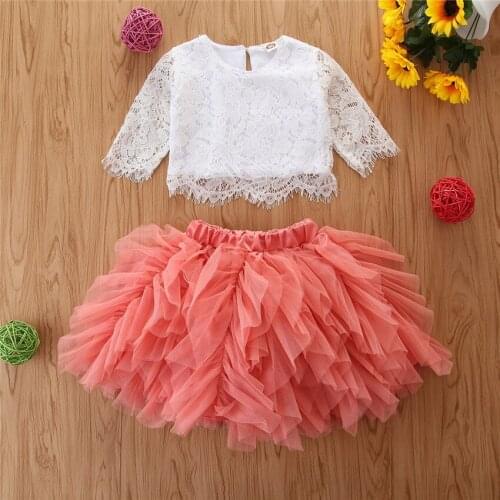 Summer Girls Suit Little Girl Lace Long-Sleeved Upper Garment Top + Bubble Pleated Fluffy Skirt Lovely Children Two-Piece Sets