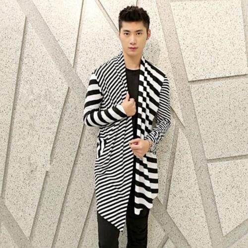 Men striped hip hop punk rock long sleeve t shirt knitted cotton tops long cardigan men nightclub DJ singer stage cape costume