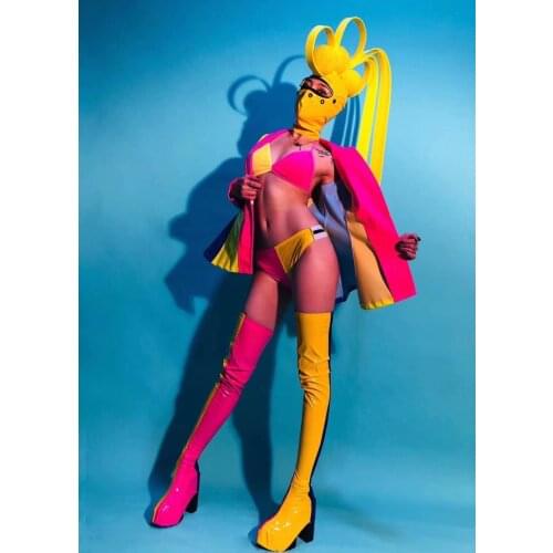 Nightclub Ds Lead Dance Team GoGo Dj Bar Costume Nightclub party girl Bikini Wig stage dancer wear colour reather coat