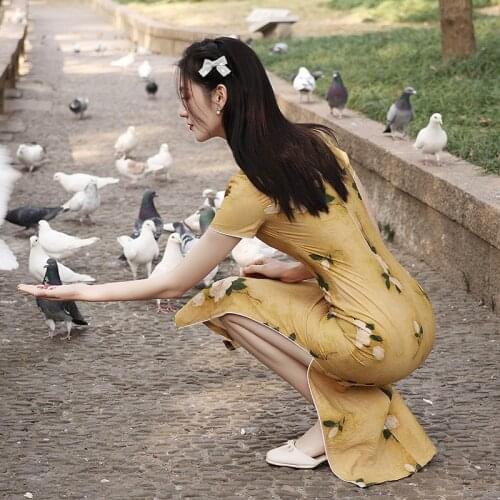 New Chinese ethnic style cheongsam dress printing young style summer ladies fashion retro short-sleeved cheongsam size S-3XL