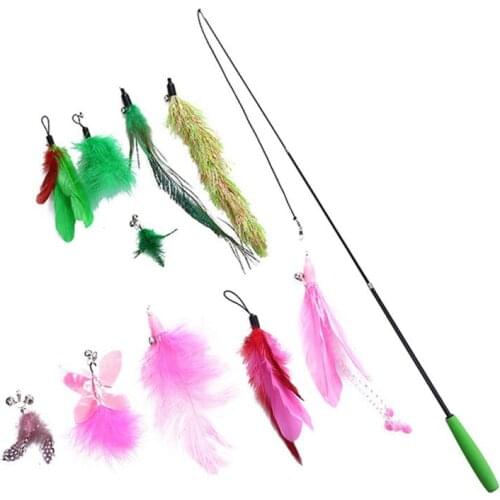 Feather Rod Play Pet Wand Teasing With Colored Bead Three-Section Telescopic Funny Cat Stick Toy With 5 Replacement Head Set New