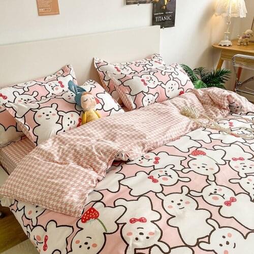 Cartoon Bedding Set with Duvet Cover Flat Sheet Pillowcase Simple Grid Single Twin Full Queen Size Kids Adult Home Bedclothes
