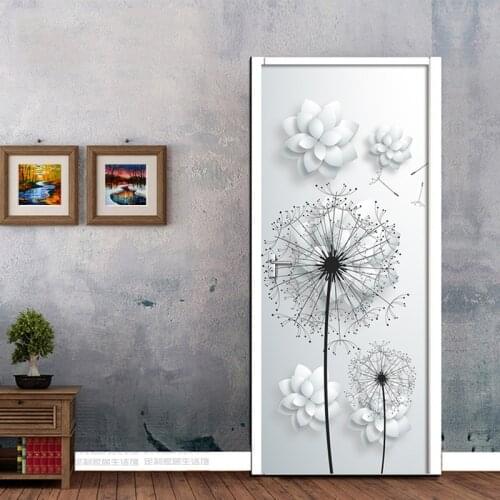 Modern 3D Dandelion Door Sticker 3D Wallpaper Bedroom Living Room Door Decor 3D Mural PVC Self-adhesive Waterproof Decals Poster