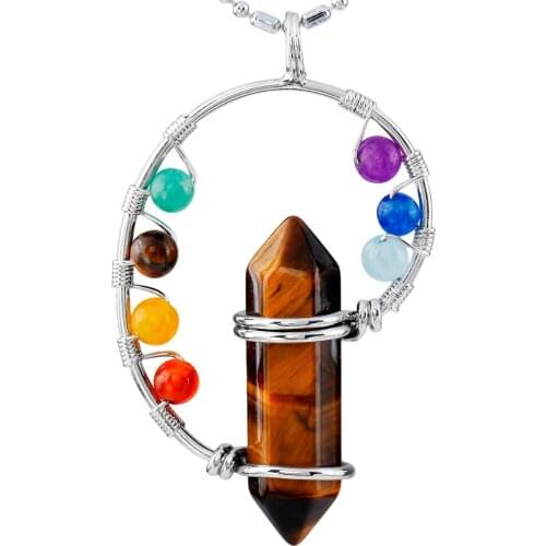 SUNYIK Tigers Eye Stone Hexagonal Point Pendant,7 Bead Chakra Healing Charm,For Necklace (Free Chain)