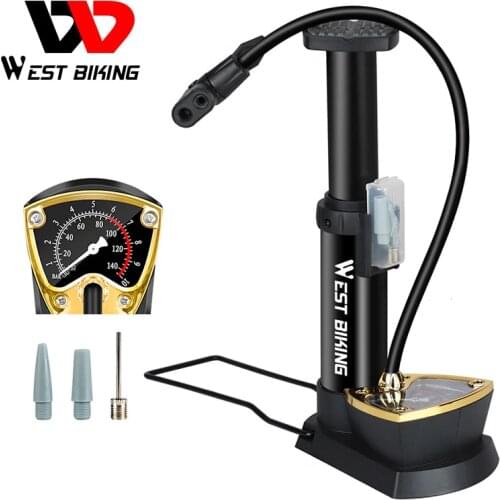 WEST BIKING Bicycle Pump Aluminum Alloy Air Pump With Gauge 140PSI Schrader Presta Woods Valve Cycling Bike Tire Foot Air Pump