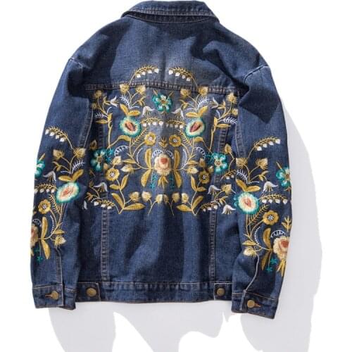 Wenfly Women Clothes Denim Jacket Streetwear Single Breasted Embroidery Floral Turn-down Collar Plus Size Female Coat