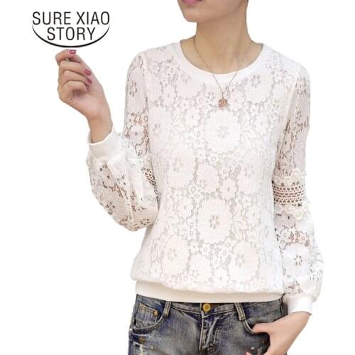 New 2019 Beading Lace Women Shirt Blouse White Casual Long Sleeve Womens Clothing O-neck Hollow Lace Women Tops Blusas D249 30