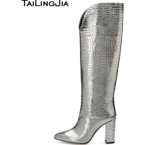 Chunky Heel Silver Knee Boots for Women 2020 Pointed Toe Crocodile Pattern Long Boot Ladies Large Size Slip on Block Heel Shoes
