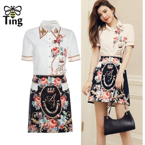 Tingfly Summer Fashion Runway Skirts Suit Women Print Short Sleeve Casual Blouse＋Black Print Short Mini Skirts 2 Siece Set Dress