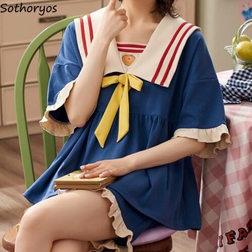 Women Pajama Sets Short Sleeve Ruffles Cute Sweet Fairy Ulzzang Trendy Loose Casual Breathable Comfortable Lounge Wear Students