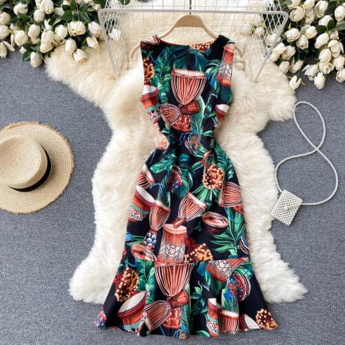 New Fashion Summer Elegant Women O Neck Sleeveless Vintage Print Slim Fishtail Dress Ladies Party Dresses Vestido