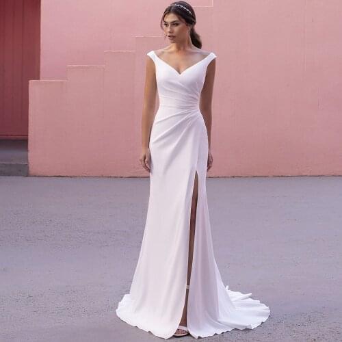 Elegant Jersey Beach Side Slit Wedding Dress 2021 Sexy V-Neck Sleeveless Pleats Sweep Train Bridal Gowns with Zipper Back