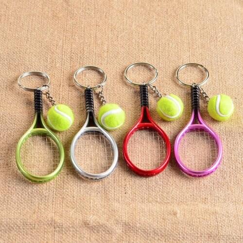 1PC 12x3.7cm 6Colors Mini Tennis Racket Ball Keychain Key Ring Bag Accessories Charm Gift Metal Craft MY 006