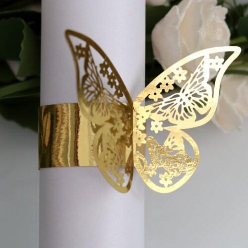 100pcs Creative Hollow Butterfly Napkin Ring Buckle Reflective Gold Paper Wedding Party Towel Decoration Wholesale