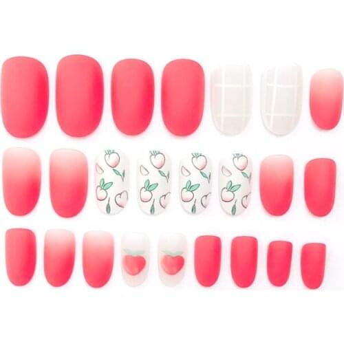 24pcs Honey Peach Pattern Acrylic Round Head Fake Nails Tips Decorated For Fashi DIY Fashion Style Plastic Art Short Fake Nail