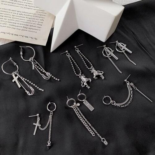 6 Designs Metal Cross Horse Lock Pendant Earrings for Women Shiny Rhinestone Beaded Asymmetric Drop Earrings Hip Hop Jewelry