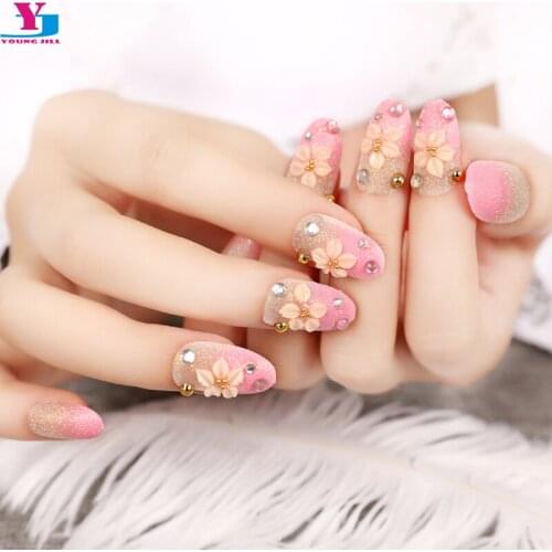 24 Pcs Glitter Pink Flower Design False Fake Nails Artificial Full Cover Nails Tips Rhinestone Unhas Postizas Manicure With Glue