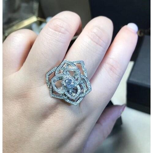 Fashion 925 Sterling Silver Jewelry 3A Cubic Zirconia Party rose ring for women flower finger ring famous brand jewelry