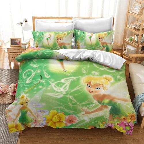 Disney Tinker Bell Anime Figures Fashion Cartoon Pattern Printed Duvet Cover Girls Bedroom Cute Bedding Set Single and Double
