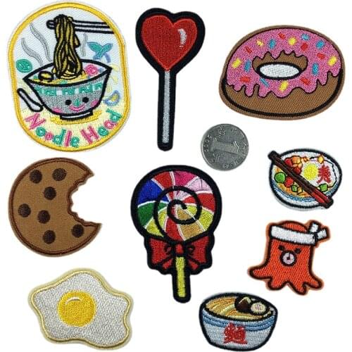 Cute Japanese Noodle Egg Embroidery Patches Sweet Doughnut Circle Lollipop Biscuits Octopus Appliques Diy Clothing Patch Badges