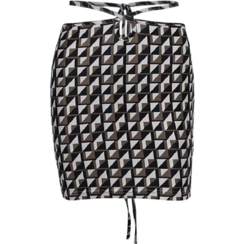 BBK Houndstooth Mini Bandage High Waist Hot Skirts E Girls Geometric Printed Sexy Women Hollow Out Lace Up Short Pencil Skirts