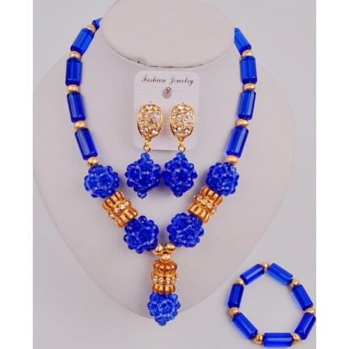 Fashion Blue Costume Necklace African Set African Wedding Beads Nigerian Jewelry Set ZQ4-1