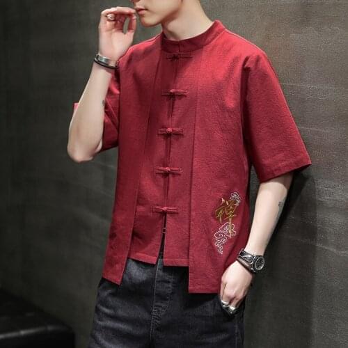 2021 New Chinese Style Mens Tops Tang Suit Linen Half Sleeve Solid Traditional Kung Fu China Hanfu Shirt Plus Size Shirts 31023