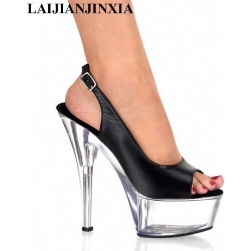 New summer high heel black heel strap, transparent bottom, 15cm pole dancing sandals 6-inch dancer shoes