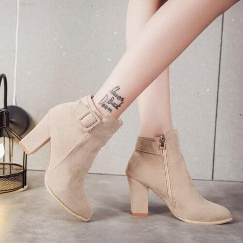 New Mid-heeled Women Fashion Suede Wild Casual Womens Shoes Sexy Thick Heel Side Zipper Metal Buckle Womens Short Boots B22-04