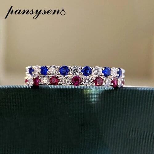PANSYSEN Vintage 100% 925 Sterling Silver Sapphire Ruby Gemstone Rings for Women Anniversary Party Fine Jewelry Ring Wholesale