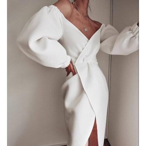 Sexy V Neck Women Wrap Dress Lantern Sleeve Slit Dresses Night Celebrate White Black Party Date Robe Vestidos Female New Fashion