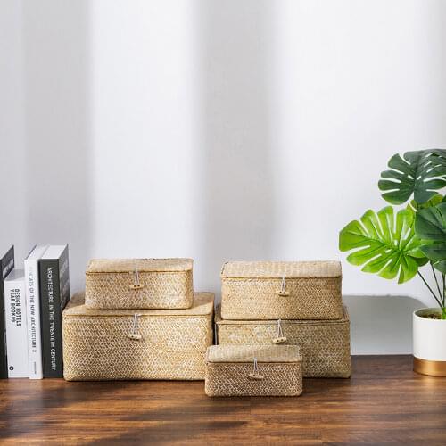 Hand Woven Storage Baskets Seagrass Wicker Laundry Basket Rectangular Box with Lid Home Storage Container Sundries Organizer