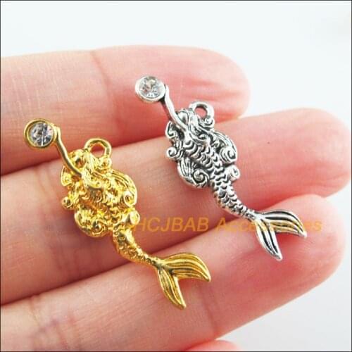 12Pcs Retro Gold Tibetan Silver Tone Mermaid Clear Crystal Charms Pendants 10.5x32mm