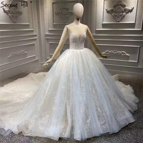 O-Neck Ivory Luxury Vintage Wedding Dresses 2020 Long Sleeves Beading Sequins Flowers Bride Gowns DHA2319 Custom Made