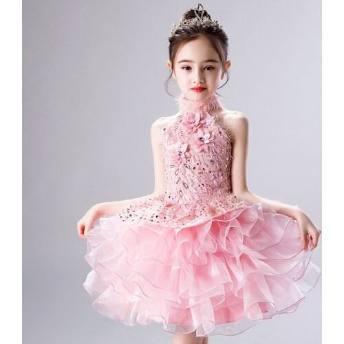 Glizt Long Trailing Pink Puffy Flower Girls Dresses Kids Pageant Dress First Holy Communion Celebration Event Party Prom Gowns