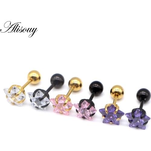 Alisouy 2PC Cartilage Girl Earring Star Zircon Stud Earrings Cartilage Tragus Helix Piercing Stainless Steel Earrings for Women