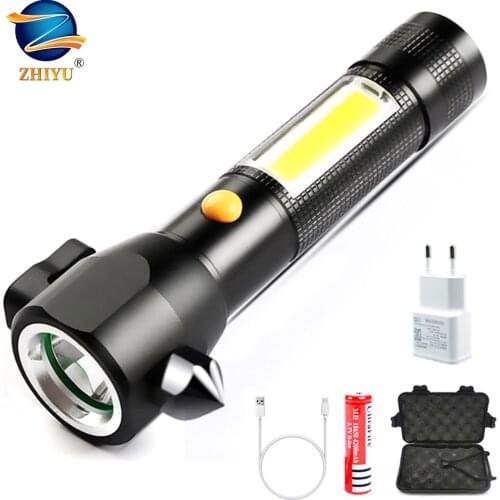 ZHIYU Glare Aluminum Flashlight with Side Light USB Charging with Safety Hammer Magnet Outdoor LED Torch for Camping, Emergency