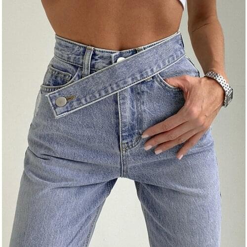 Spring 2021 Women Straight Leg Jeans Fashion Irregular Belt High Waisted Boyfriend Jeans Woman Casual Loose Harajuku Denim Pants