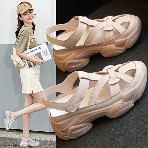 Roman Style Hollow Velcro Pure Color Simple Ladies Sandals Summer Fashion Hot Sale Slope Heel Mid-Heel Casual Shoes Elegant