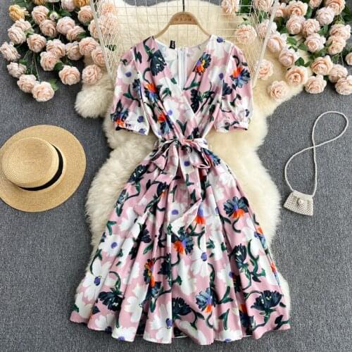 Europe Style New Fashion Summer Elegant Women V Neck Short Sleeve Floral Print A Line Dress With Belt Ladies Dresses Vestido
