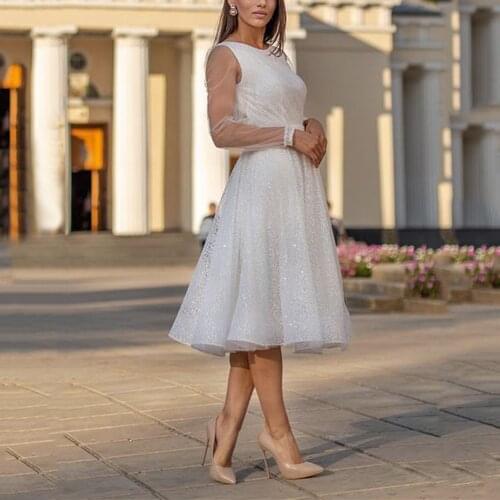 Elegant A Line Tea Length Wedding Dress Illusion Long Sleeve Simple Bridal Gowns Custom Made Tulle Vesitdo De Novia Skirt