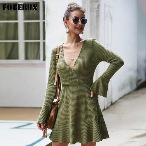 FORERUN Women Knitted Dresses Sexy Deep V Neck Flare Sleeve Ruffle Elegant Mini Robe Femme